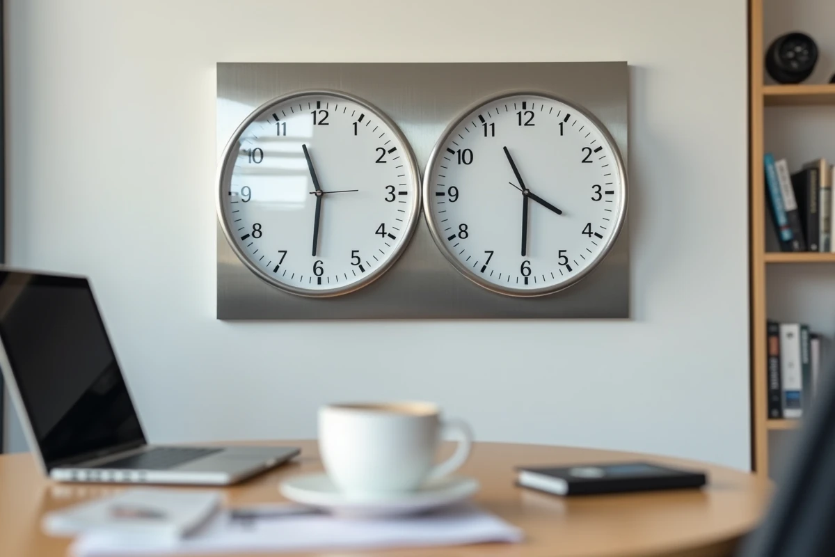 Double horloge murale affichant simultan&eacute;ment l'heure de Paris et de Duba&iuml; dans un bureau moderne
