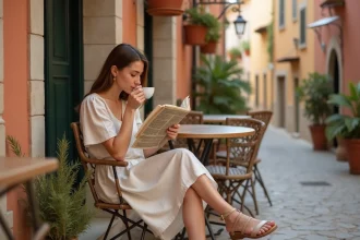 Jeune femme en robe de lin lisant un guide de voyage en terrasse de café dans une ruelle pavée d'une ville méditerranéenne abordable en Europe