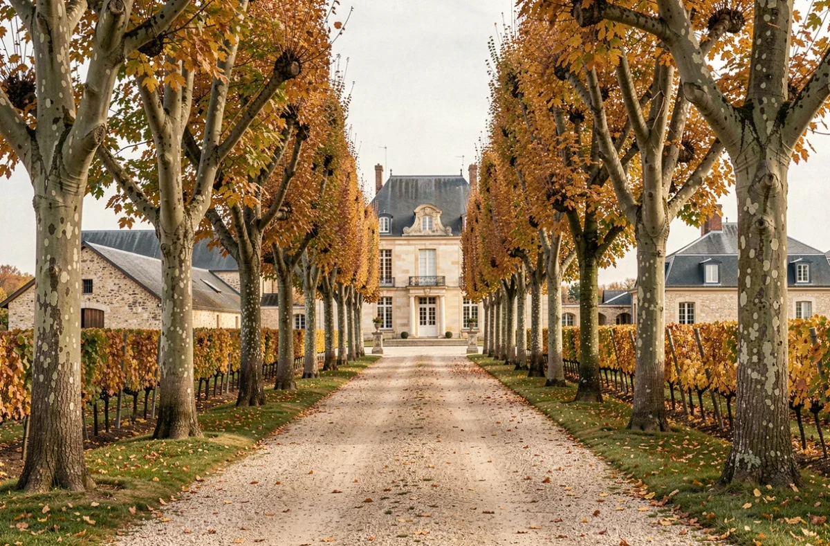 Allée de platanes menant au manoir du Domaine de Dubac entouré de vignes aux feuilles dorées en Haute-Garonne