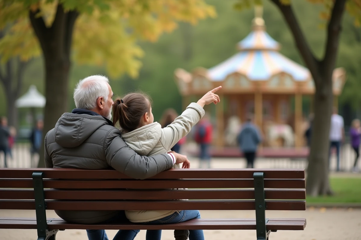 Petite fille et grand-pere sur un banc dans un parc