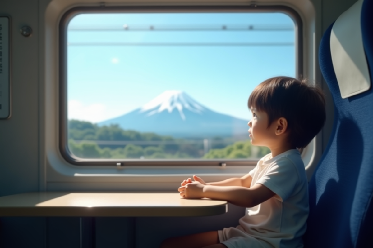 Enfant dans un train regardant le mont Fuji au loin