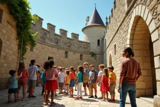 Groupe d'enfants explorant la cour intérieure d'un château fort français avec une guide costumée