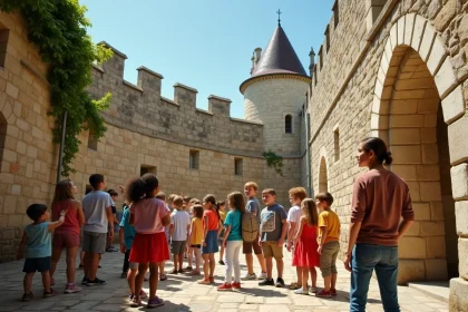 Groupe d'enfants explorant la cour intérieure d'un château fort français avec une guide costumée