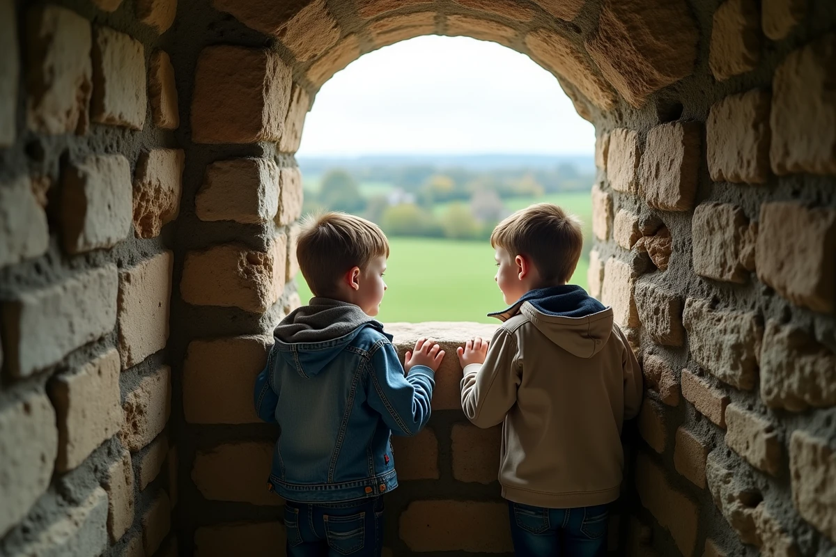 Deux garçons regardant par une meurtrière dans la tour d'un château fort en France