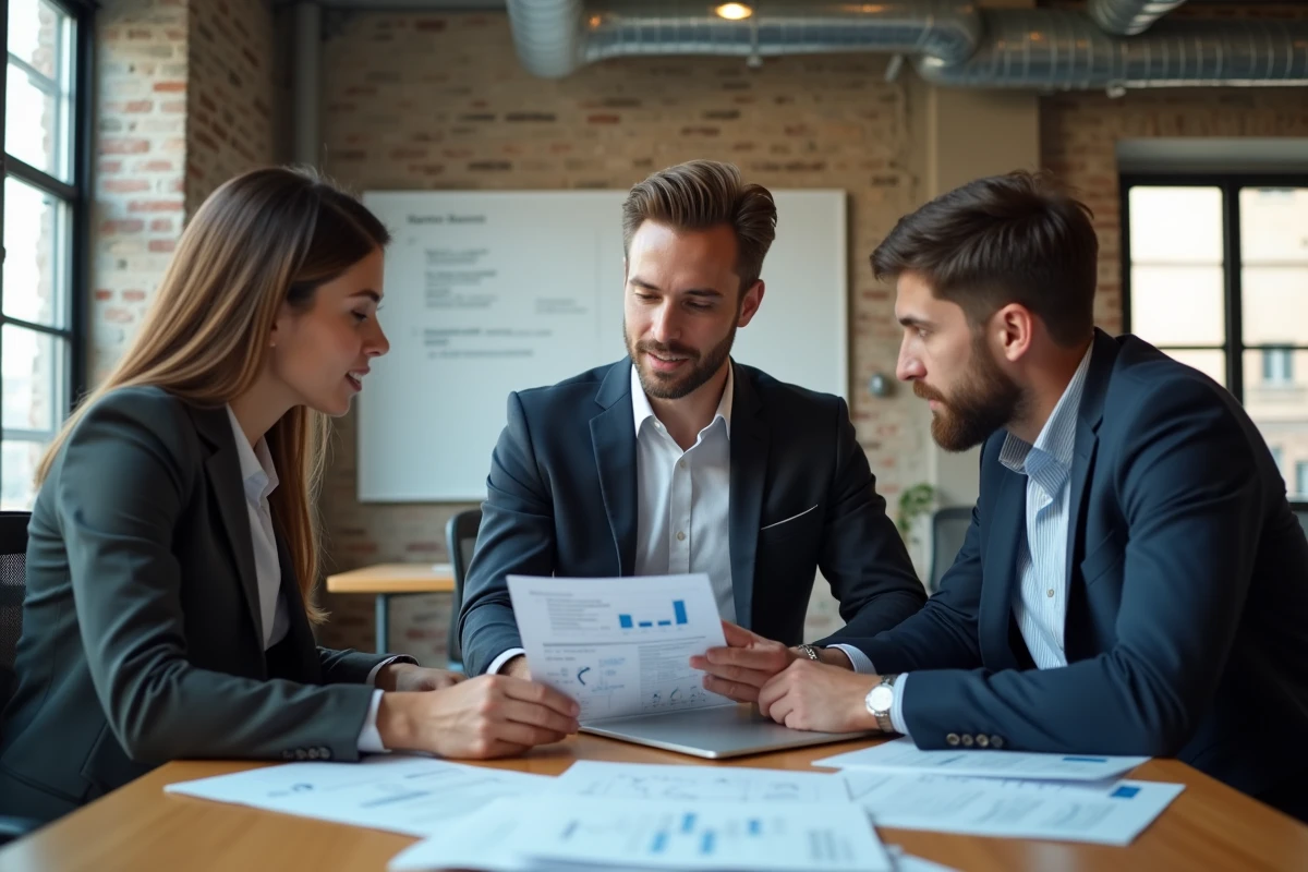 Équipe de professionnels analysant des rapports de dépenses de voyages d'affaires autour d'une table dans un espace de coworking
