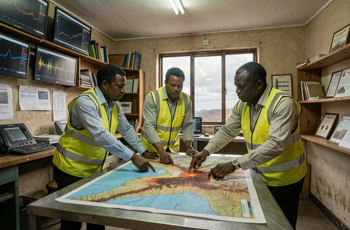 Équipe de scientifiques de l'Observatoire Volcanologique de Goma analysant une carte des risques d'éruption du Nyiragongo