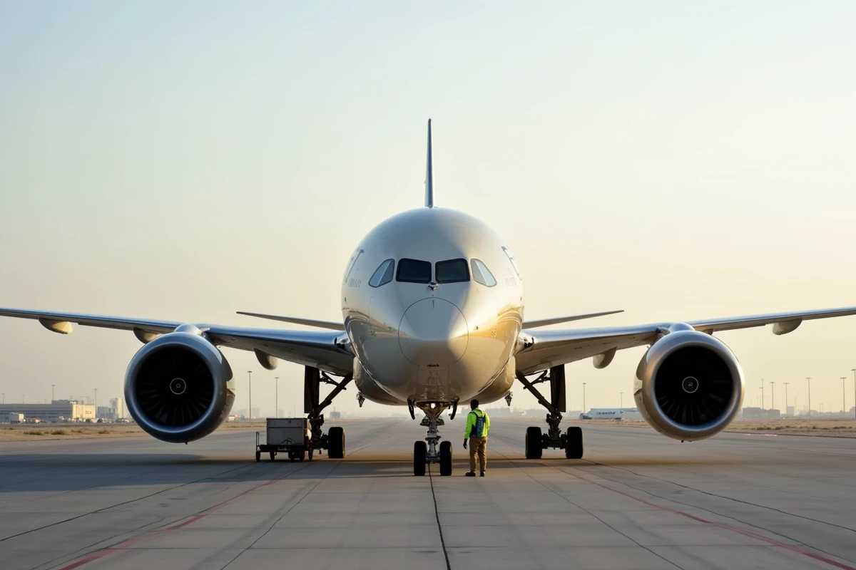 Avion Etihad Airways sur le tarmac de l'aéroport d'Abu Dhabi avec équipe au sol, Boeing 787 Dreamliner à la livrée distinctive
