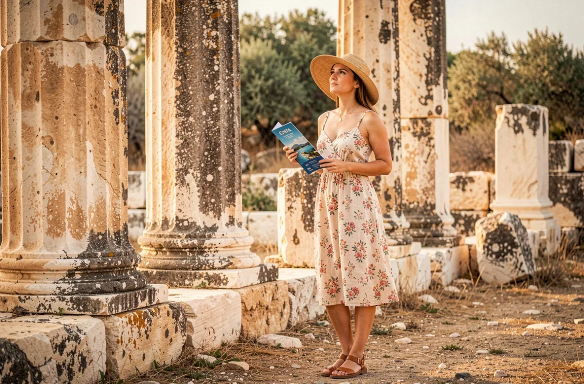 Voyageuse en excursion Costa découvrant des ruines antiques grecques lors d'une escale de croisière