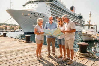 Groupe de touristes consultant une carte d'excursion devant un bateau de croisière Costa dans un port méditerranéen