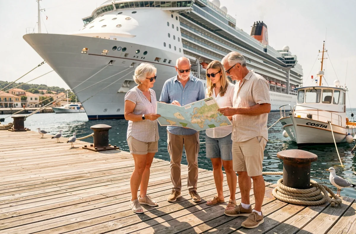 Groupe de touristes consultant une carte d'excursion devant un bateau de croisière Costa dans un port méditerranéen
