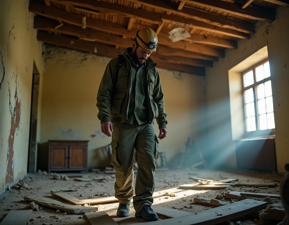 Explorateur urbain casqué inspectant prudemment les planchers effondrés d'une ferme française abandonnée lors d'une visite de ville fantôme