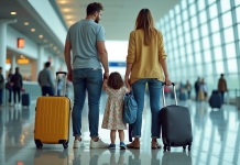 Voyager avec enfants : faut-il le faire ? Conseils et astuces Famille à l'aéroport avec passeports et valises