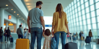 Voyager avec enfants : faut-il le faire ? Conseils et astuces Famille à l'aéroport avec passeports et valises