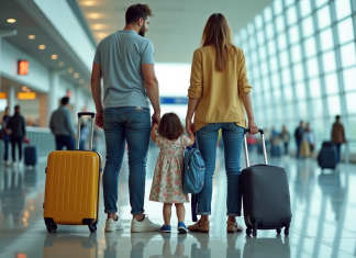 Voyager avec enfants : faut-il le faire ? Conseils et astuces Famille à l'aéroport avec passeports et valises