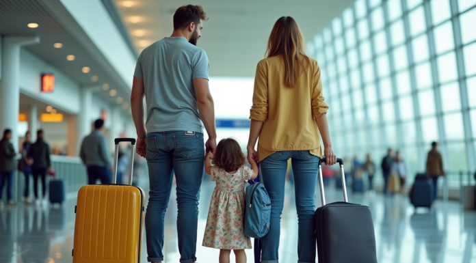 Famille à l'aéroport avec passeports et valises