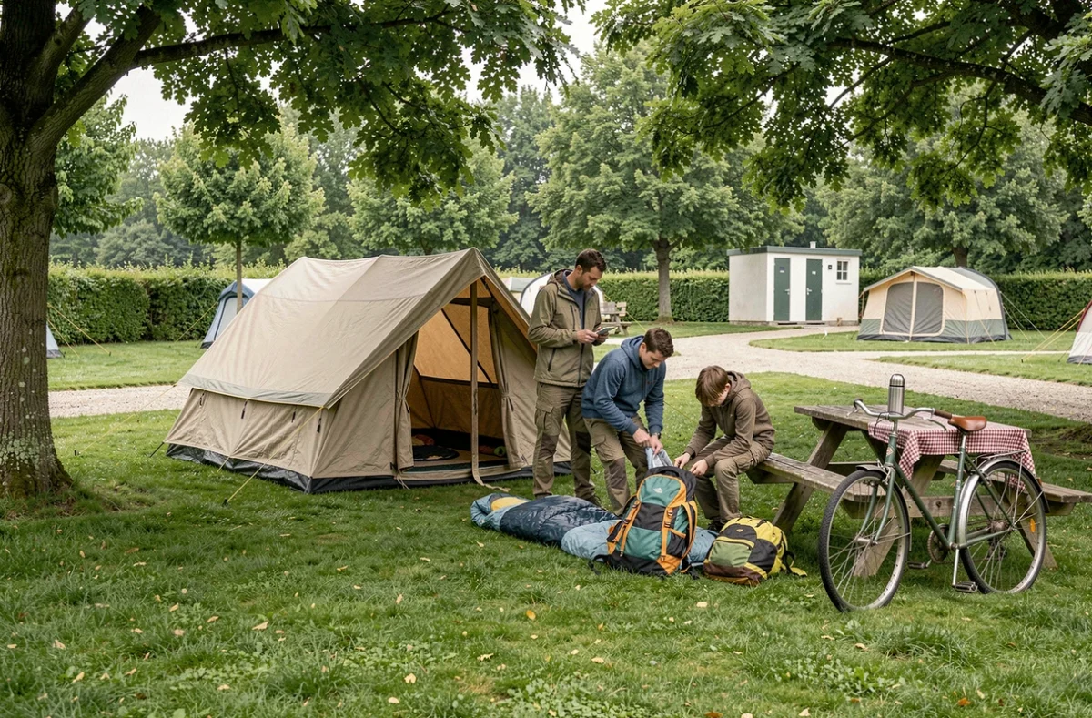 Famille montant une tente sur un camping du Pas-de-Calais entouré d'arbres et de pelouses verdoyantes