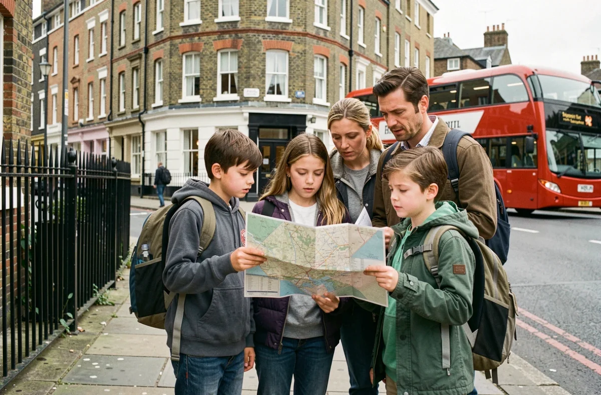 Famille avec enfants consultant une carte dans un quartier résidentiel de Londres avant de choisir leur hébergement