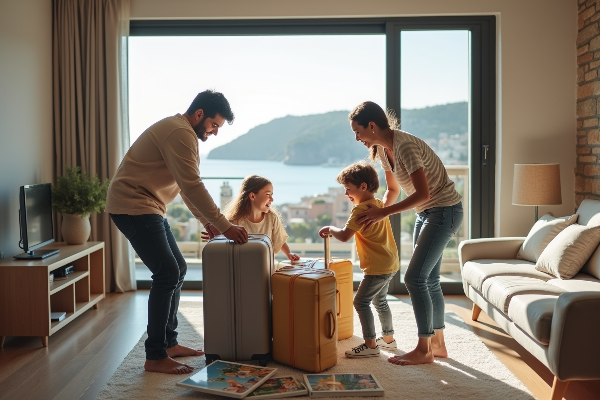 Famille déballant leurs valises dans un salon lumineux avec vue mer