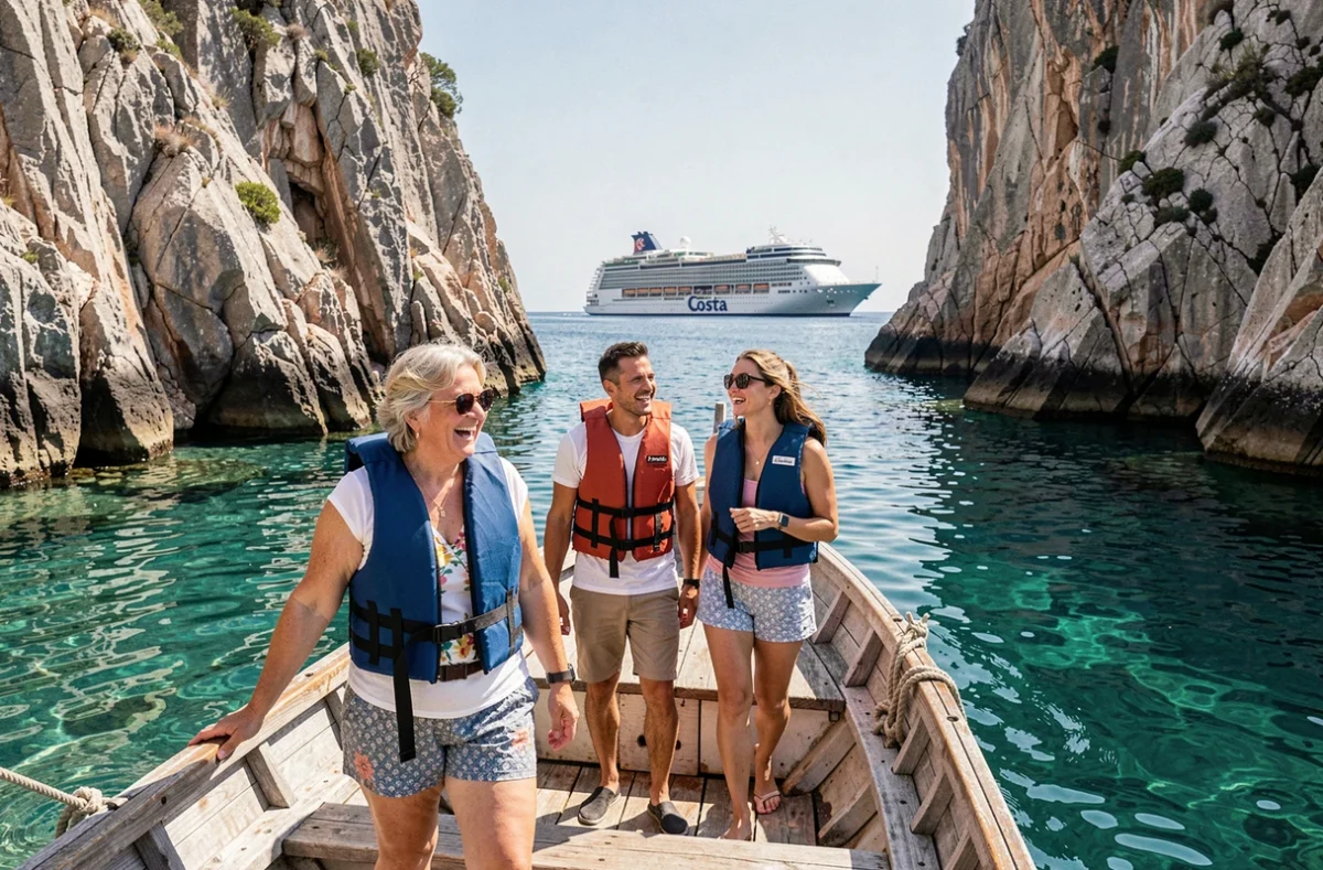 Famille embarquant sur une excursion en bateau depuis une crique croate lors d'une croisière Costa