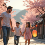 Famille heureuse explorant une rue japonaise en fleurs