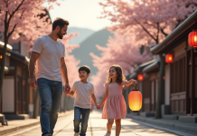 Famille heureuse explorant une rue japonaise en fleurs