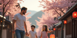 Famille heureuse explorant une rue japonaise en fleurs