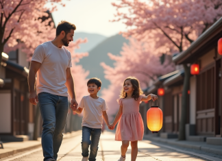 Famille heureuse explorant une rue japonaise en fleurs