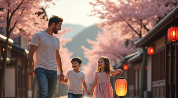 Famille heureuse explorant une rue japonaise en fleurs