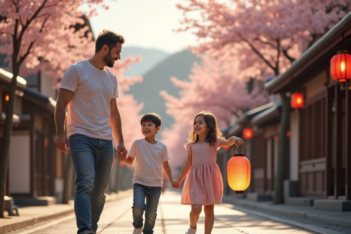 famille-japon-cherry-blossom Famille heureuse explorant une rue japonaise en fleurs