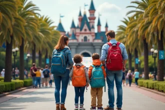 Famille de quatre devant l'entrée de Disney Studios
