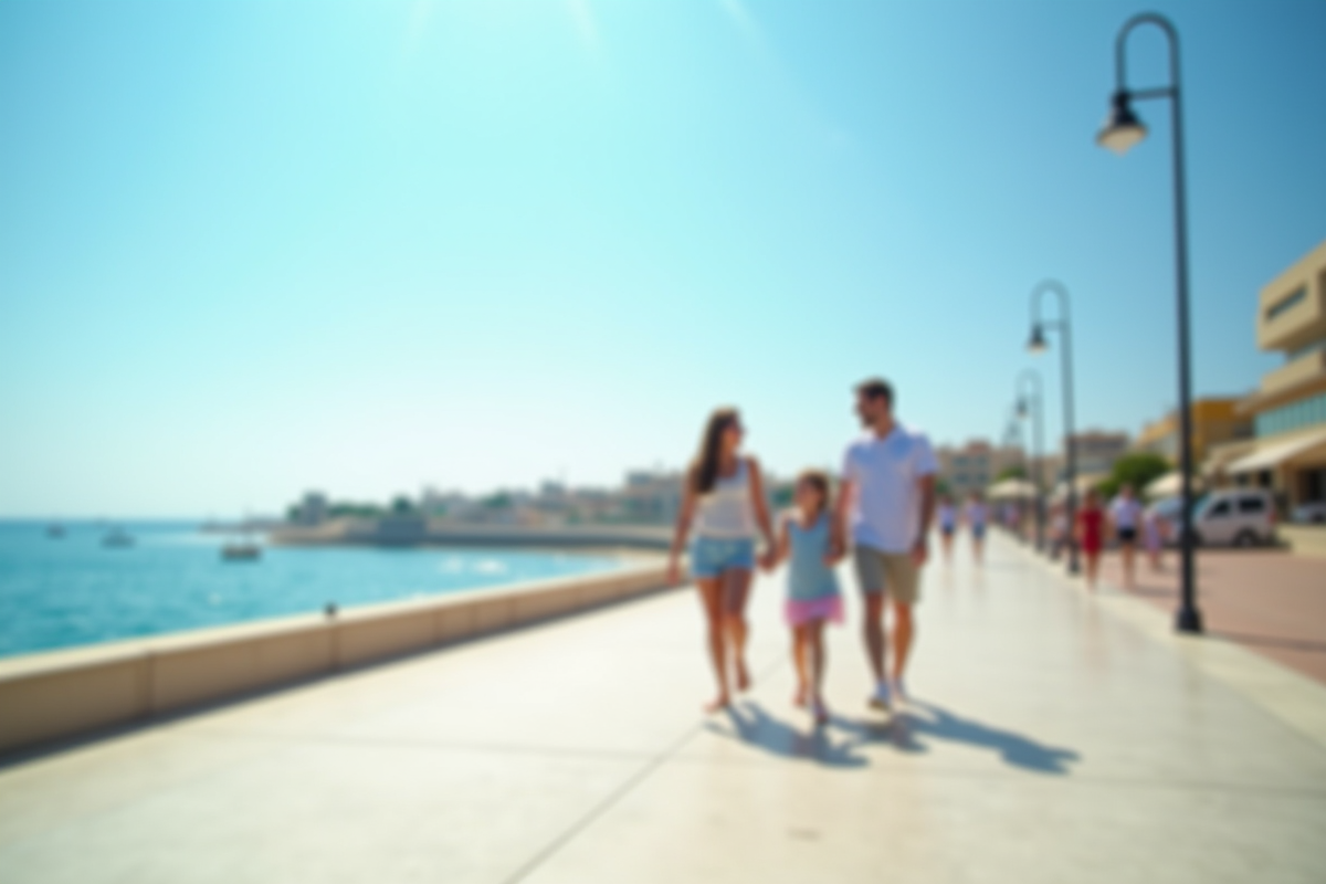 Famille se promenant sur la promenade de la plage de Chypre