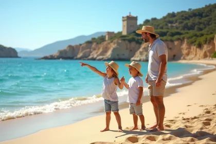 Famille souriante sur la plage de Fautea en Corse
