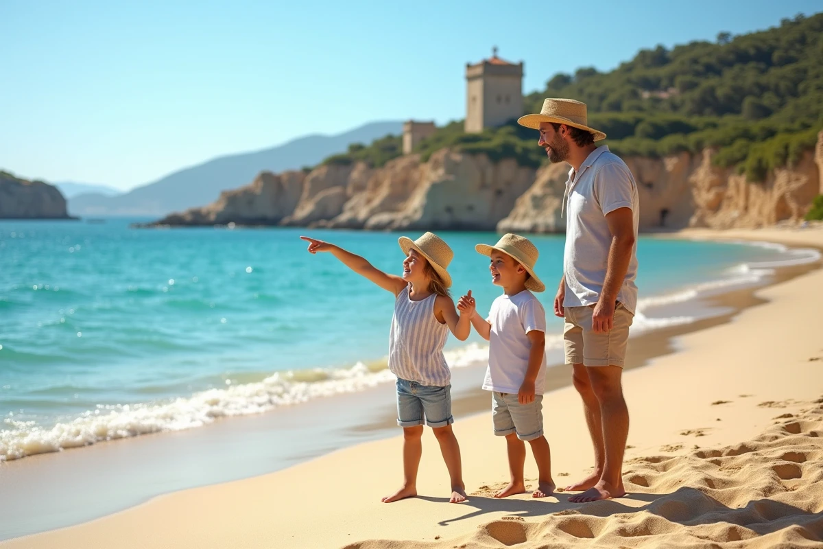 Famille souriante sur la plage de Fautea en Corse