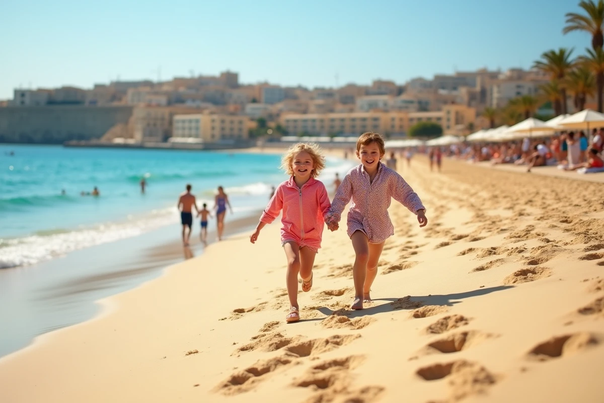 Famille avec enfants jouant sur la plage &agrave; St Julian