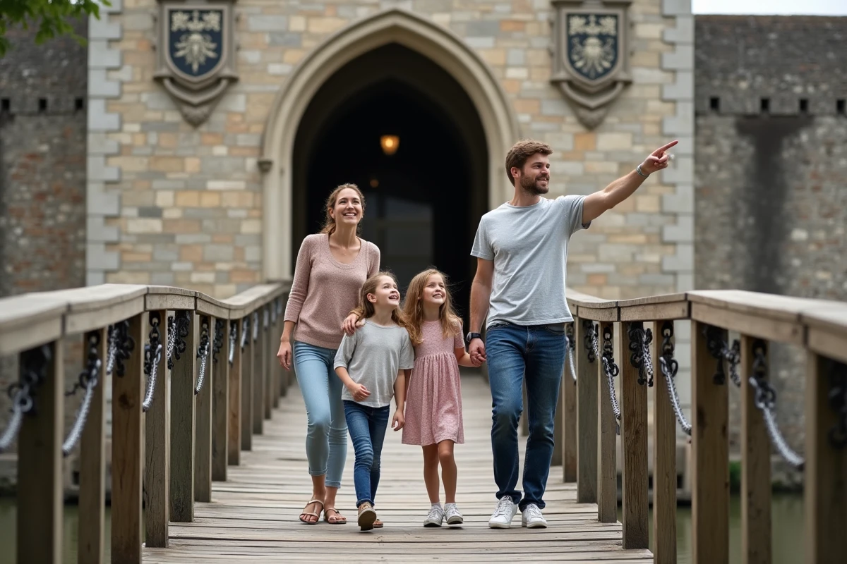 Famille traversant le pont-levis d'un château fort médiéval en France lors d'une sortie pédagogique