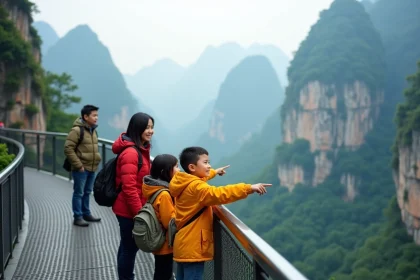 Famille avec enfants sur le sentier de Tianmen Mountain en Chine