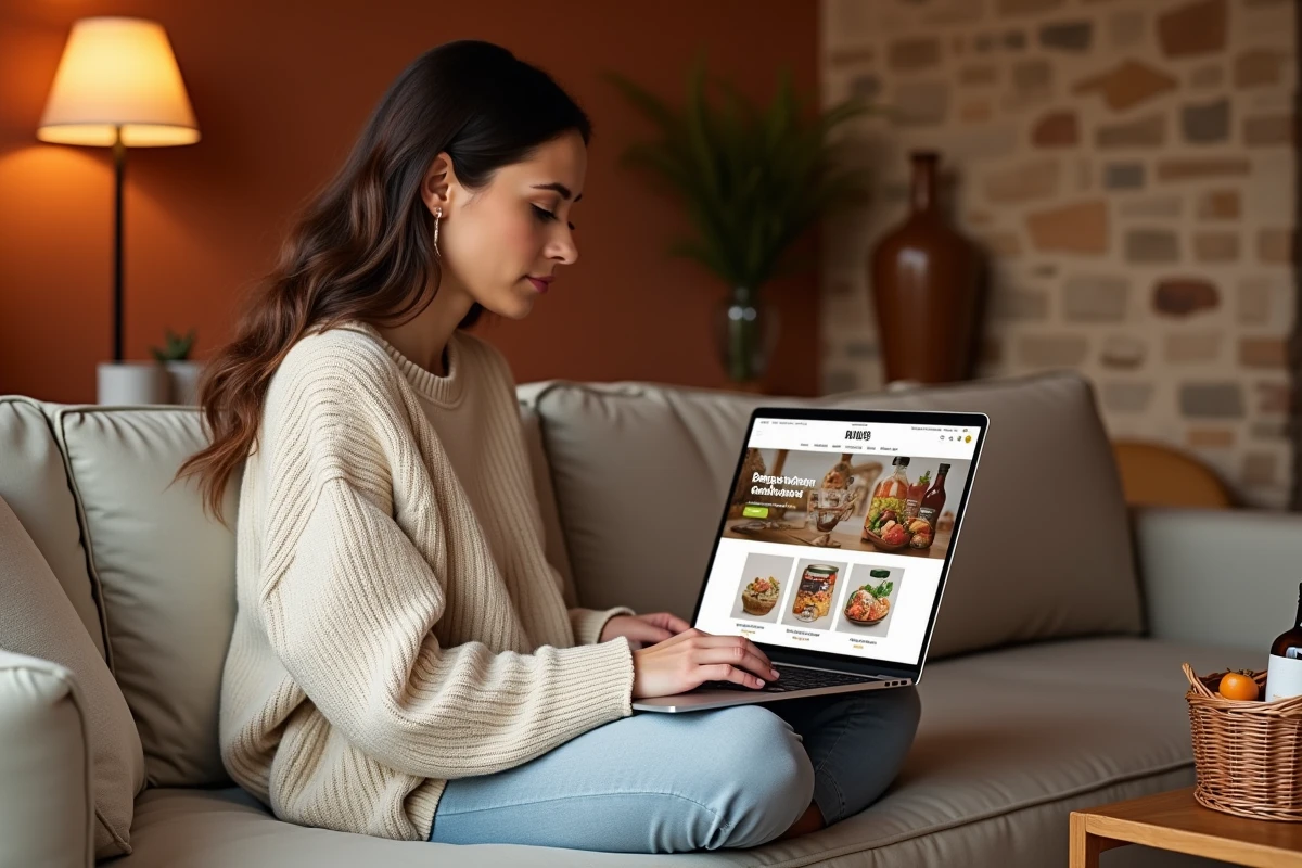 Femme consultant le site Merkatu.fr sur son canapé pour acheter des produits basques en ligne