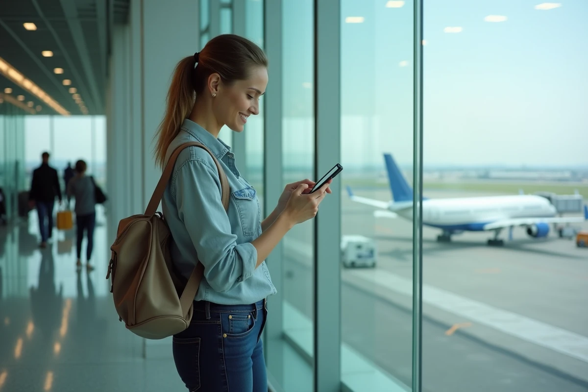 Femme v&eacute;rifiant les vols en temps r&eacute;el &agrave; l