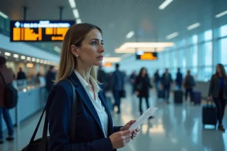 Femme algérienne à l'aéroport consultant un tableau de départs affichant des vols retardés Air Algérie