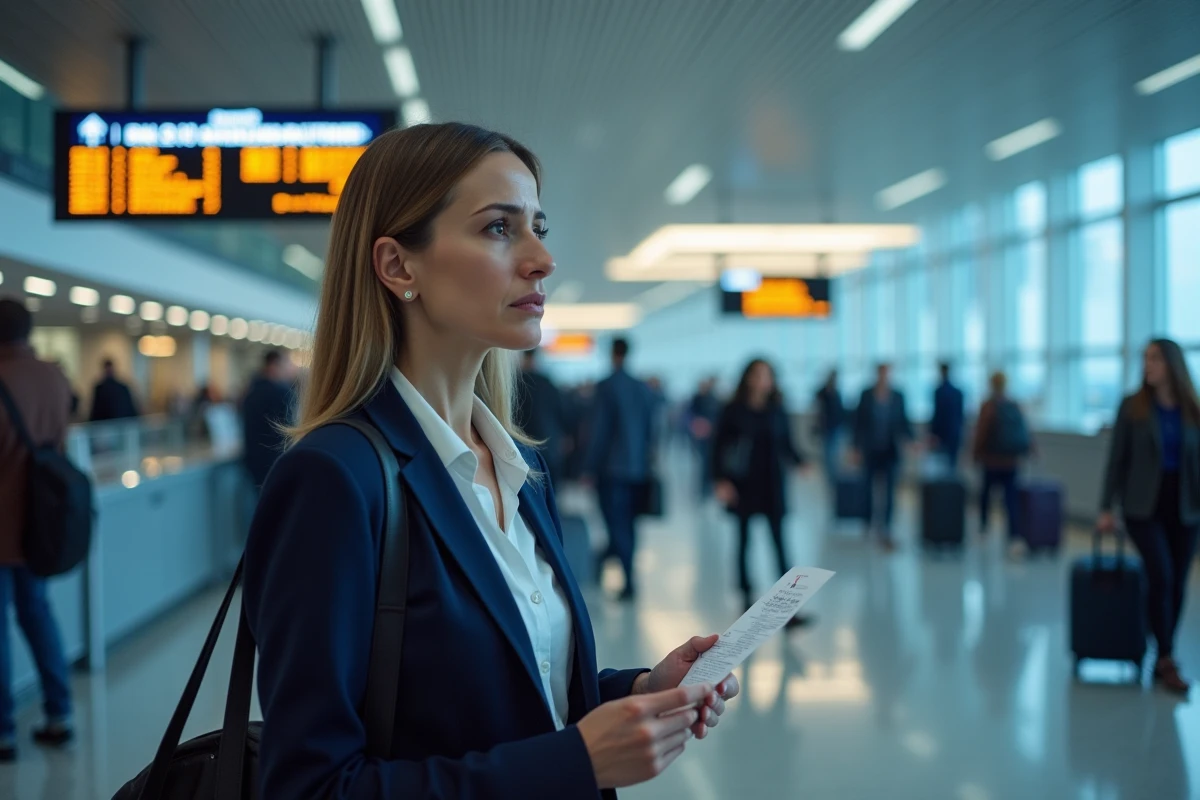 Femme algérienne à l'aéroport consultant un tableau de départs affichant des vols retardés Air Algérie