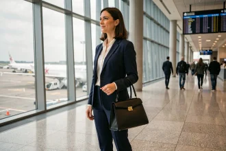 Femme d'affaires élégante en blazer marine tenant un sac à main noir structuré dans un terminal d'aéroport moderne