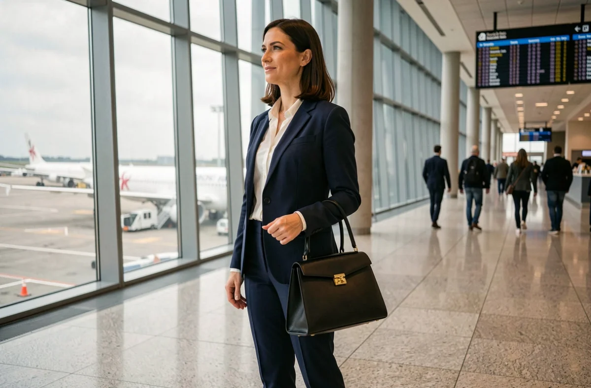 Femme d'affaires élégante en blazer marine tenant un sac à main noir structuré dans un terminal d'aéroport moderne