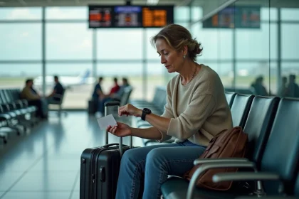 Femme d'âge moyen à l'aéroport vérifiant son horloge