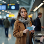 Femme avec billets dans une gare moderne