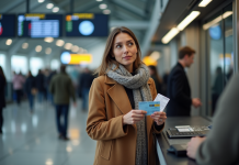 Femme avec billets dans une gare moderne