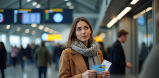 Femme avec billets dans une gare moderne