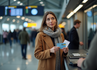 Femme avec billets dans une gare moderne