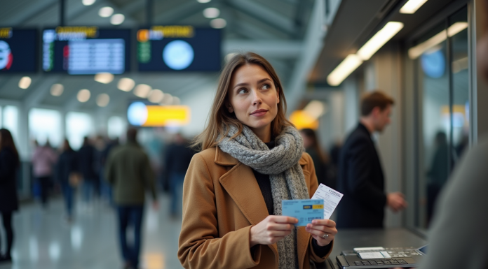 Femme avec billets dans une gare moderne