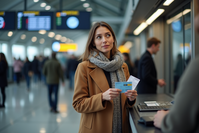 femme-billets-gare Femme avec billets dans une gare moderne