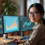 Hébergement web : quel type choisir pour booster son trafic en ligne ? Jeune femme au bureau analysant des données sur plusieurs écrans